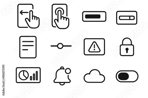Interactive Design Elements. Interactive Prototype linear icon set: touchscreen device, swipe gesture, button press, progress bar, menu list, slider control, alert popup, dashboard
