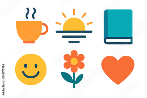 Simple Morning Bliss. Simple Happiness flat icon set: coffee cup, sunrise, book, smile, flower, heart