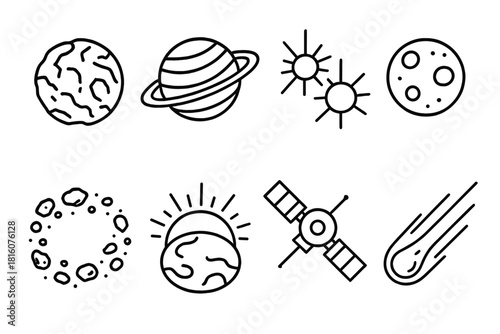 Celestial Icons Exploration. Alien Worlds linear icon set. rocky planet, gas giant, twin stars, moon, asteroid belt, glowing atmosphere, space probe, comet trail