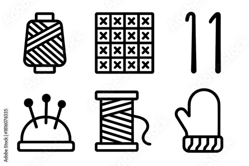 Textile Craft Tools. Textile Craft Essentials linear icon set. yarn spool, pattern chart, crochet hook, pin cushion, thread, cozy mitten