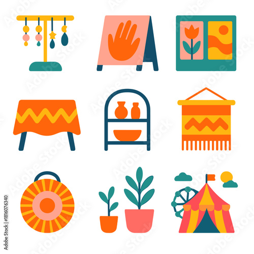 Vibrant Creative Booth. Creative Booth Setup flat icon set: jewelry rack, hand-painted sign, art prints, table cloth, pottery shelf, woven decor, small plants, fairground scene