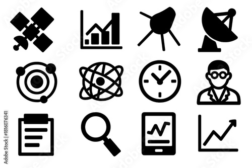 Bold Scientific Icons. Scientific exploration silhouette icon set. satellite, data graph, space probe, radio dish, solar system model, orbit map, clock, scientist figure, notes