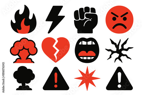 Brutal Anger Icons. Anger Concept silhouette icon set. flame, thunderbolt, clenched fist, red face, explosion, broken heart, shouting mouth, cracked ground, smoke cloud, warning