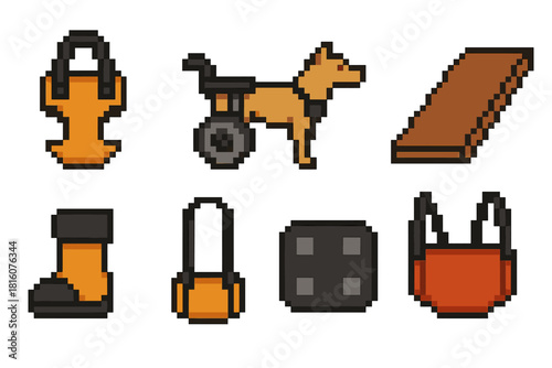 Pet Mobility Icons. Pet Mobility Gear pixel style icon set: support harness, wheeled cart, joint brace, ramp board, soft boot, lift strap, mobility pad, cushioned sling