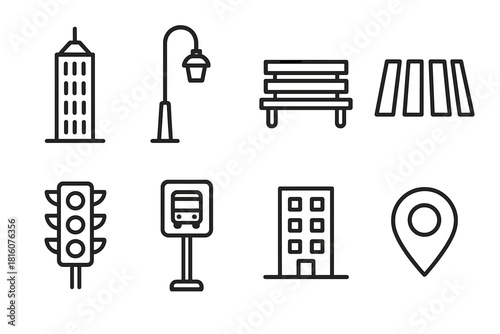 Urban Icons Collection. Urban elements linear icon set: skyscraper, street lamp, bench, crosswalk, traffic light, bus stop sign, apartment block, city map pin