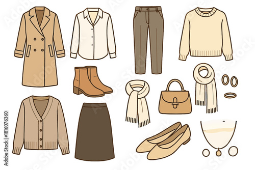 Neutral Wardrobe Icons. Neutral Wardrobe Palette linear icon set: beige coat, white blouse, gray trousers, cream sweater, tan boots, black skirt, ivory scarf, camel handbag, stone
