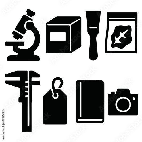 Brutalist Lab Icons. Field Laboratory silhouette icon set. microscope, labeled box, fossil brush, sample bag, measuring caliper, specimen tag, notebook, camera