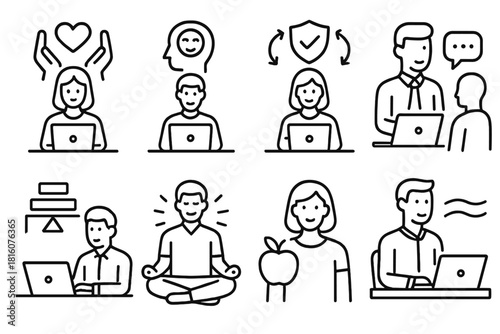 Workplace Emotional Stability Icons. Emotional stability at work themes linear icon set: supportive workplace, emotional clarity, stress resilience, healthy communication, balanced