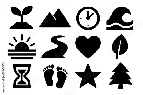 Bold Growth Icons. Steadfast Growth silhouette icon set. seedling, mountain, clock, wave, sunrise, path, heart, leaf, hourglass, footprints, star, tree