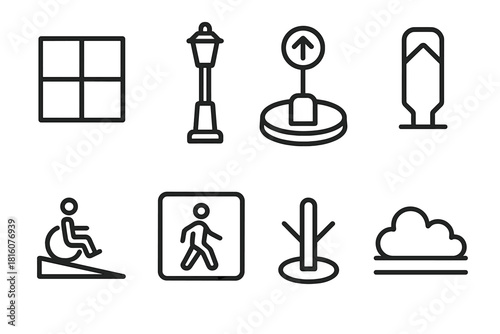 Urban Walkway Icons. Urban Walkway Elements linear icon set: sidewalk tile, lighting post, refuge island icon, edge marker, mobility ramp, crosswalk signal, path divider, greenery