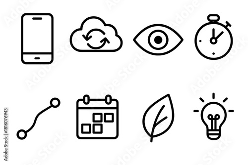 Digital Harmony Icons. Remote Rhythm linear icon set: mobile device, cloud sync, focused eye, gentle timer, smooth workflow line, planner page, calming leaf, idea spark
