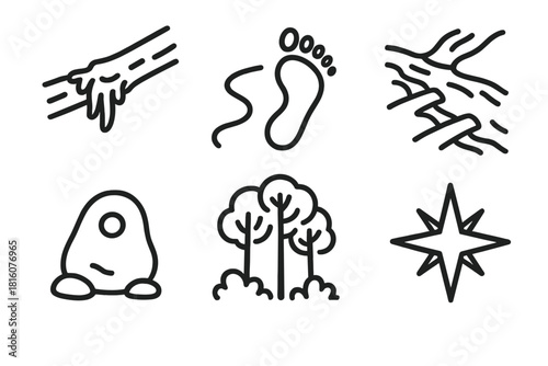 Forest Navigation Icons. Forest Navigation Skills linear icon set: moss clue, path footprint, river crossing line, waypoint stone, canopy view, orientation star