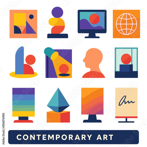 Minimalist Geometric Gallery. Contemporary art flat icon set: geometric shape, 3D sculpture, screen display, wireframe, abstract form, spotlight, viewer icon, glass case, gradient