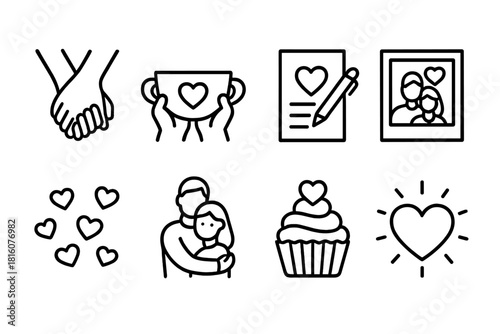 Valentine's Icon Set. Valentine moments linear icon set: holding hands, shared cup, romantic note, photo frame, heart confetti, warm hug icon, sweet treat, glowing heart
