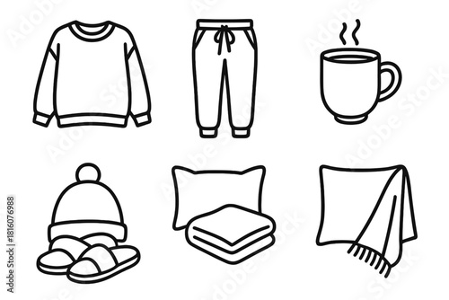 Cozy Relaxation Icons. Relaxed Outerwear Collection linear icon set. oversized sweater, joggers, slippers, hot drink, candle, pillow, hat, blanket.