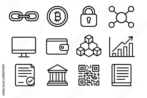 Blockchain Finance Icons. Blockchain in Finance linear icon set. blockchain chain, digital coin, secure lock, transaction node, computer screen, crypto wallet, data block, growth