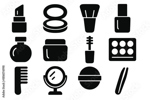 Bold Beauty Icons. Beauty Essentials Set silhouette icon set: lipstick, compact powder, makeup brush, nail polish, perfume bottle, face cream jar, mascara wand, eyeshadow palette