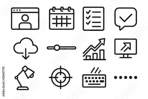 Remote Work Essentials. Remote Work Flow linear icon set: video call window, shared calendar, to-do list, messaging bubble, cloud storage icon, timeline bar, productivity arrow