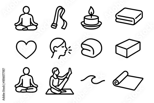 Yoga Icons Collection. Gentle Yoga Practice linear icon set. simple pose, yoga strap, soft candle, folded blanket, heart icon, mindful breath, block prop, lotus seat, relaxed hands