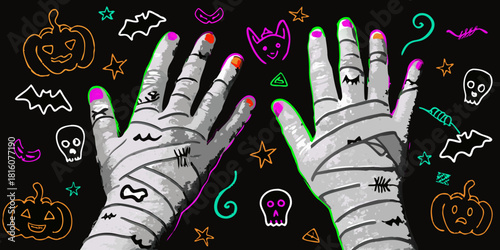 Halloween mummy hands with colorful doodle elements on black background