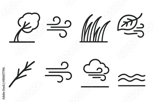 Dynamic Nature Icons. Nature motion concept linear icon set: leaning tree, wind waves, grass movement, fluttering leaf, branch, air current, cloud, ground