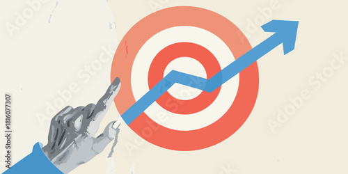 Reaching business goals hand pointing to target with upward trending arrow