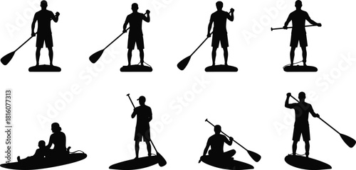 Silhouettes of people paddleboarding, standing, kneeling, and sitting on boards, holding paddles, representing summer water sports, recreation, fitness, and outdoor fun on the water. (24 words)