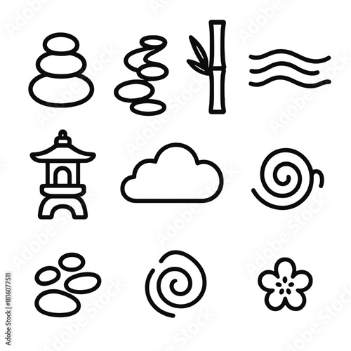 Zen Icon Serenity. Zen stones scenes linear icon set: stone tower, pebble path, bamboo stalk, flowing water line, lantern shape, soft cloud, sand swirl, tiny blossom