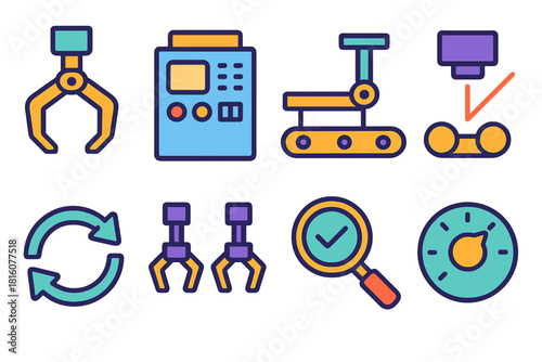 Industrial Automation Icons. Industrial Automation flat icon set: robotic gripper, machine panel, assembly line, sensor beam, quality check icon, process loop, mechanical clamps