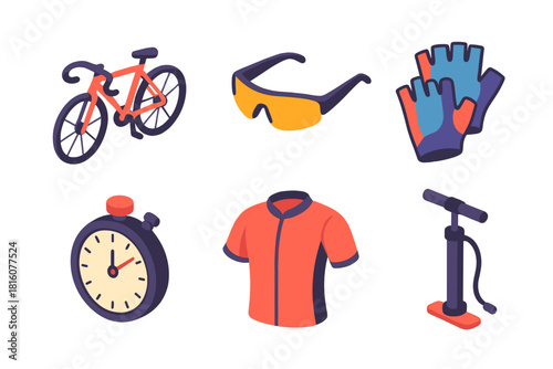 Cycling Gear Icons. Road Cycling flat icon set: race bike, sunglasses, gloves, stopwatch, jersey, tire pump