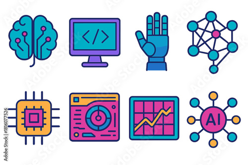 AI Icon Collection. AI Development flat icon set: digital brain, coding screen, robot hand, neural web, microchip, futuristic interface, analytics graph, AI network