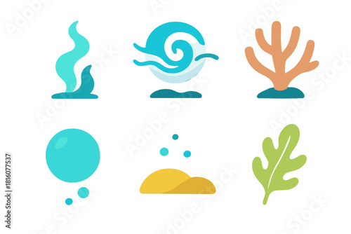 Colorful Underwater Icons. Underwater flat icon set: drifting plume, tide swirl, coral piece, sinking bubble, seabed mark, aquatic leaf