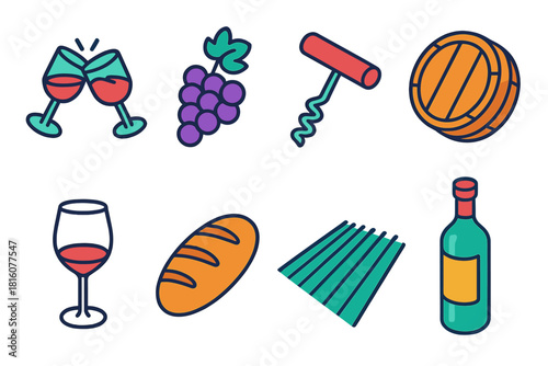 Wine Icon Set. Wine Tasting flat icon set: glass clink, grapevine, corkscrew tool, barrel top, wine glass outline, bread loaf, vineyard rows, bottle label