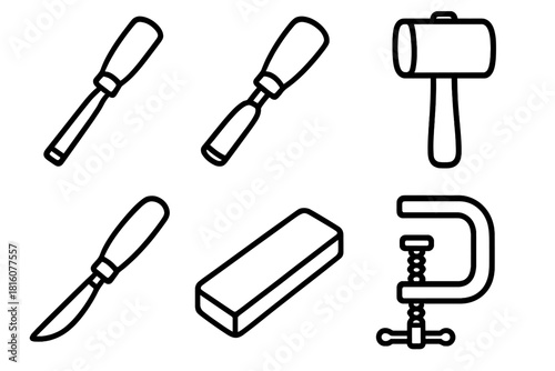 Carving Tools Icons. Carving Tools linear icon set. chisel, gouge, mallet, carving knife, sharpening stone, clamp