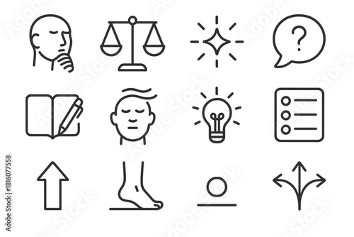 Mindful Icons Collection. Mindful Decision-Making Elements Set linear icon set: thoughtful pause icon, balance scale, clarity spark, question bubble, reflective notebook, calm