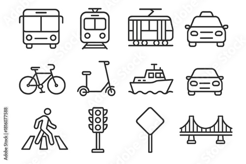 Urban Transport Icons. City transport linear icon set: bus, metro train, tram, taxi, bicycle, scooter, ferry, car, crosswalk, traffic light, road sign, bridge