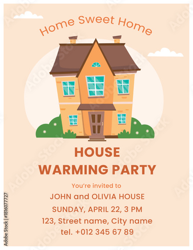 House Warming Party Invitation Template. Cute house, cottage, bushes. Home sweet home.