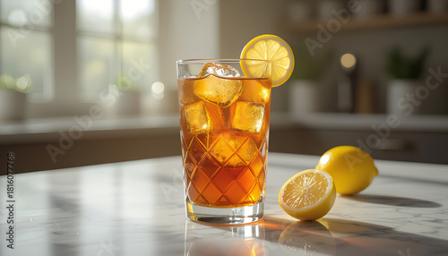 Arnold Palmer in tall glass on marble countertop in soft daylight with copy space  