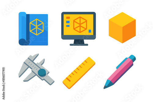 Prototype Design Icons. Design Prototyping flat icons set. blueprint, CAD screen, model, caliper, ruler, pen
