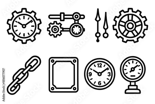 Industrial Clock Icons. Industrial Time Theme linear icon set. gear clock, mechanical parts, steel hands, cogwheel, chain links, metallic frame, clock face, pressure gauge