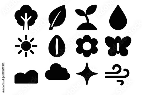 Bold Nature Icons. New Growth silhouette icon set: tree, leaf, sprout, drop of water, sun, seed, flower, butterfly, hill, cloud, sparkle, breeze