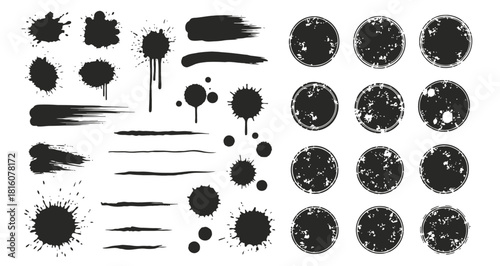 Versatile collection of black paint splatters grunge brush strokes spray graffiti stencil elements and ink blotches for dynamic design projects