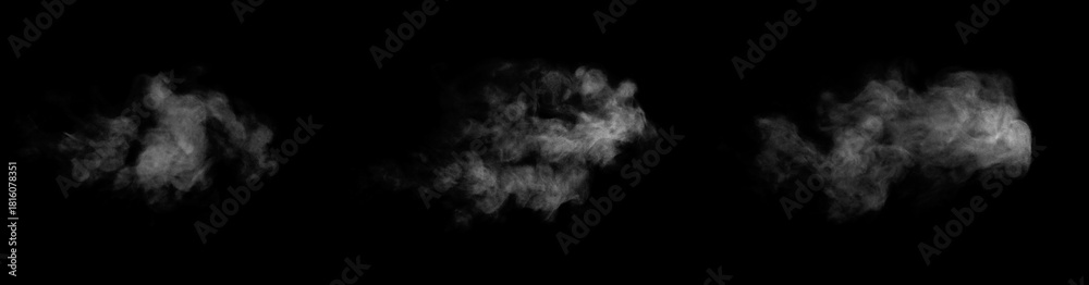 Obraz premium Close-up photo of abstract white steam or smoke. Illustration showing different textures and densities of white steam or smoke, isolated on black background.