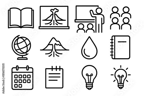 Geothermal Education Icons. Educational Geothermal linear icon set. open book, chalkboard, teacher icon, classroom, globe, student group, mountain, geothermal vent, water droplet