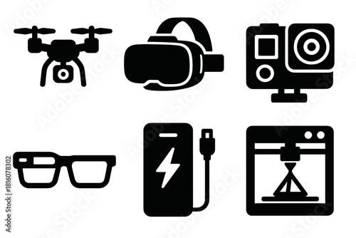 Bold Tech Icons. Tech Gadgets silhouette icon set: drone, VR headset, action camera, power bank, smart glasses, 3D printer