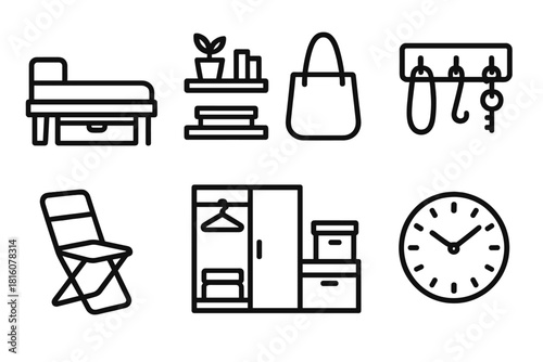 Compact Living Solutions. Tiny Apartment Organization linear icon set. under-bed storage, floating shelves, basket, hooks, folding chair, closet, boxes, wall clock
