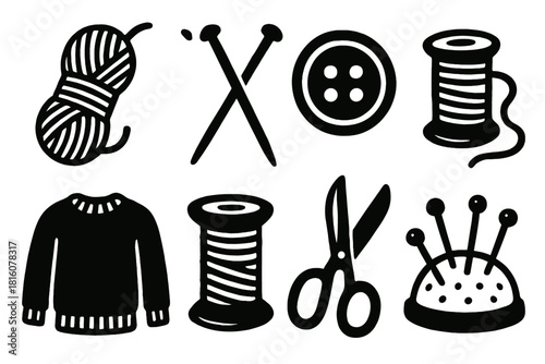 Brutalist Knitting Icons. Handmade Knitting Icons silhouette icon set: yarn skein, needles, button, thread, sweater, spool, scissors, pin cushion
