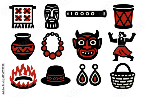 Folk Icon Set. Folk Traditions silhouette icon set: embroidered cloth, wooden carving, flute, drum, clay pot, necklace, festival mask, traditional dancer, fire circle, hat, jewelry