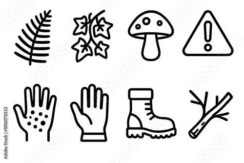 Forest Hazard Icons. Forest danger concept linear icon set: fern, ivy, mushroom, skin irritation, glove, boot, branch, warning exclamation