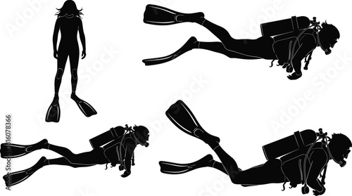 Underwater scuba diver silhouettes set; woman standing in wetsuit and fins; men swimming with air tanks, masks, and flippers; vector illustration.